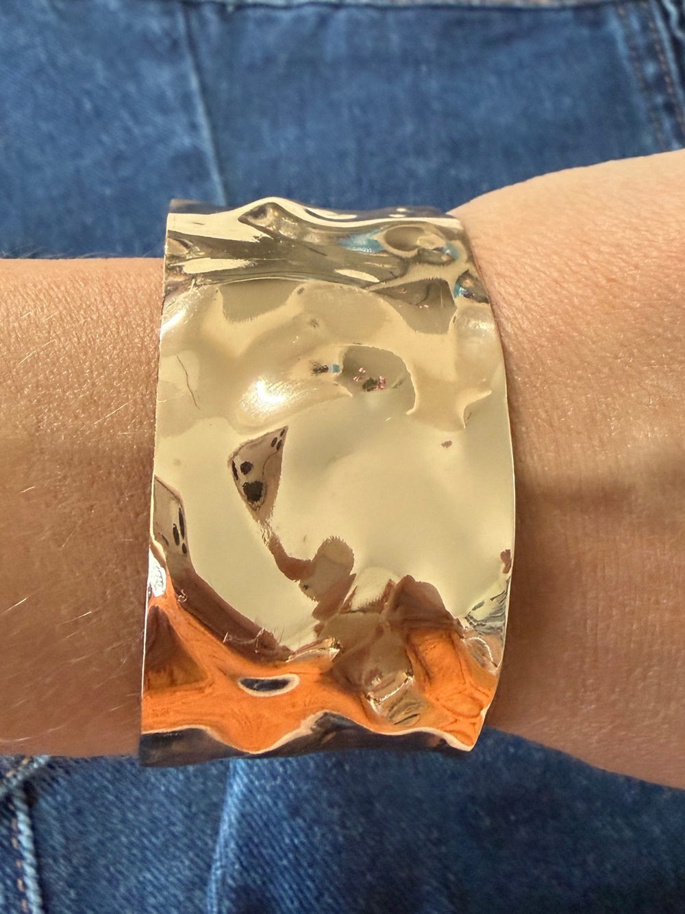 Gold Tone Sculpted Hammered Open Cuff Bracelet Statement Wide Modern Boho